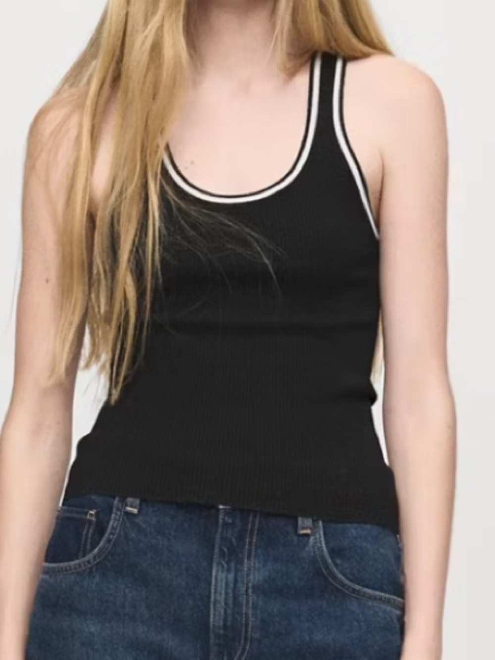 Mango Black Ribbed Tank with White Trim KNITTED TOP WITH CONTRAST DETAILS 4083